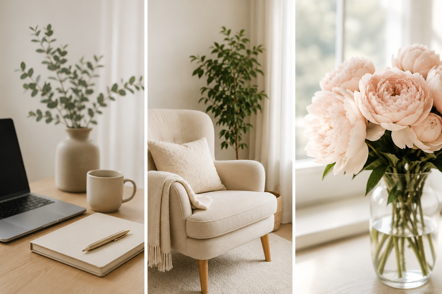 Collage of three images showing a home interior: a desk with a laptop, notebook, pen, ceramic mug, and vase with greenery; a cozy beige armchair with pillow and throw blanket near a potted plant and window; a close-up of a glass vase with pink peony flowers near a window.