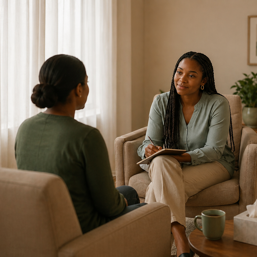 Two women sitting in a living room engaged in a conversation, one holding a notepad and pen, with a coffee mug and tissue box on a table nearby.