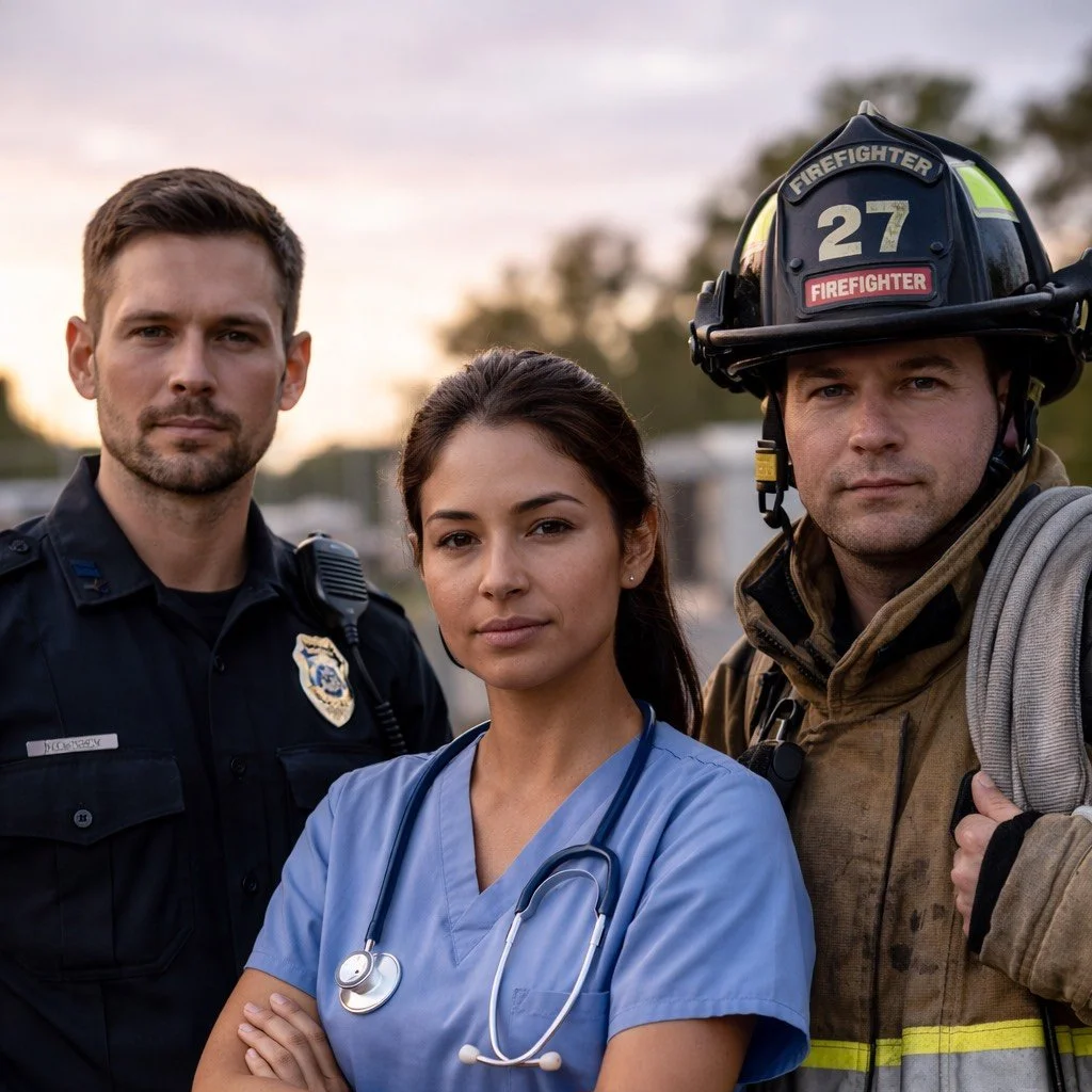 A group of three emergency responders: a police officer, a nurse, and a firefighter, standing together outdoors at sunset.