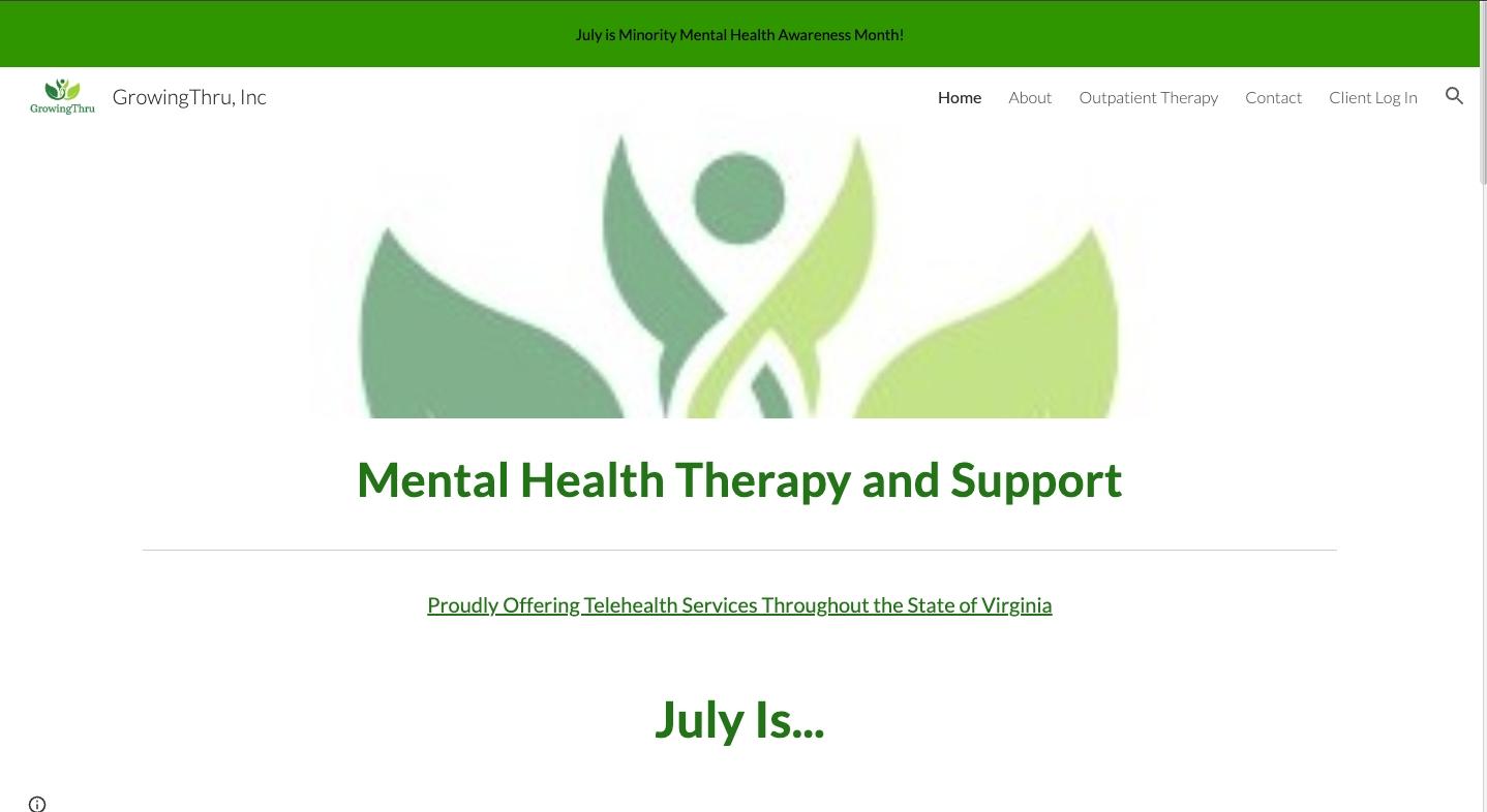 Website homepage for GrowingThru, Inc., promoting mental health therapy and support services, with a green logo and a banner indicating July as Minority Mental Health Awareness Month.