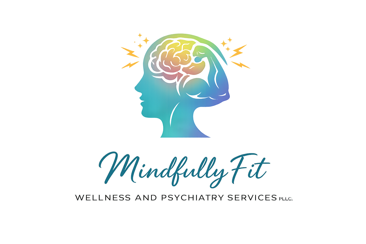 A colorful logo for Mindfully Fit Wellness and Psychiatry Services, featuring a side profile of a human head with a brain inside, and the business name written underneath.