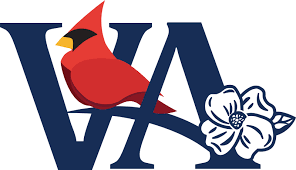 A logo with the letter V and A intertwined, featuring a red cardinal bird perched on the letter V and a hibiscus flower to the right.