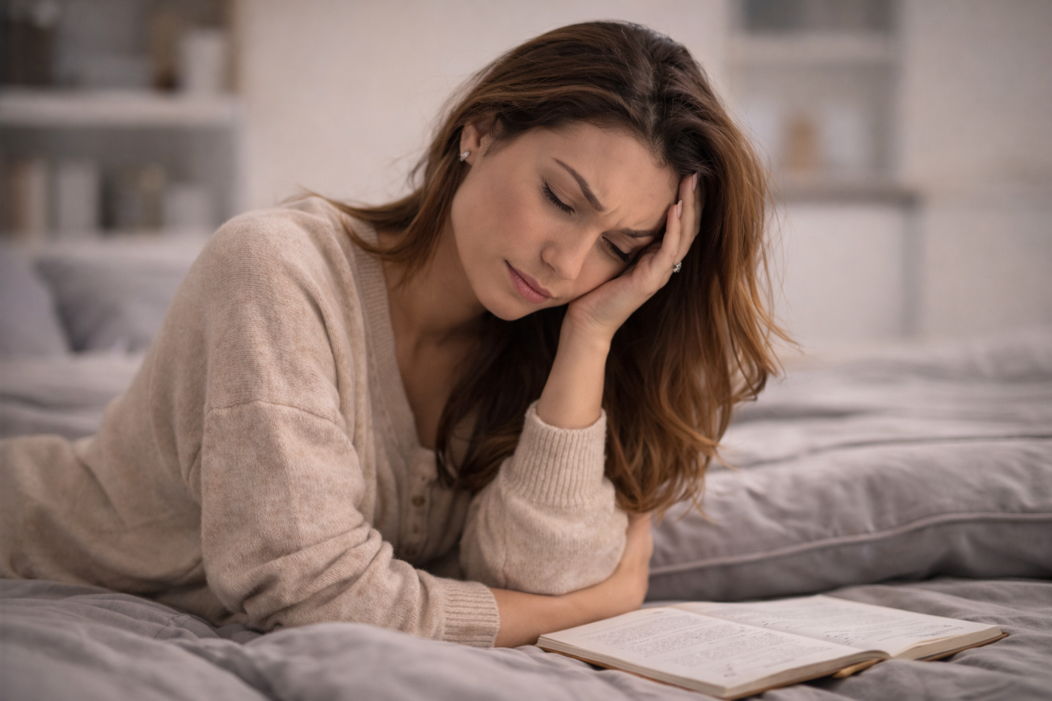 A woman lying on her stomach on a bed, holding her head with one hand, appearing distressed while reading a book.