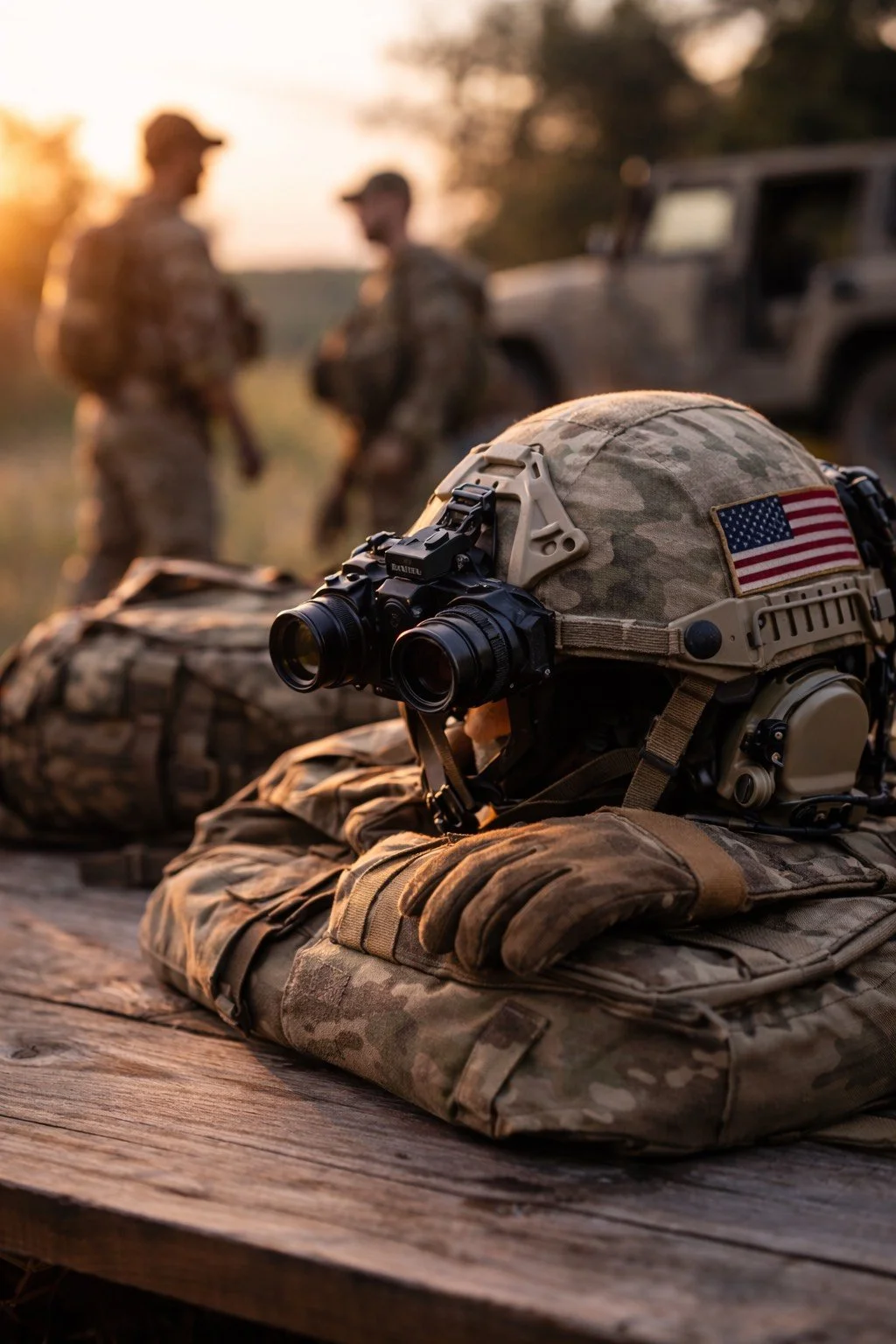 Military helmet with night vision goggles and American flag patch, resting on camouflage gear on a wooden surface, with two soldiers and a military vehicle blurred in the background at sunset.