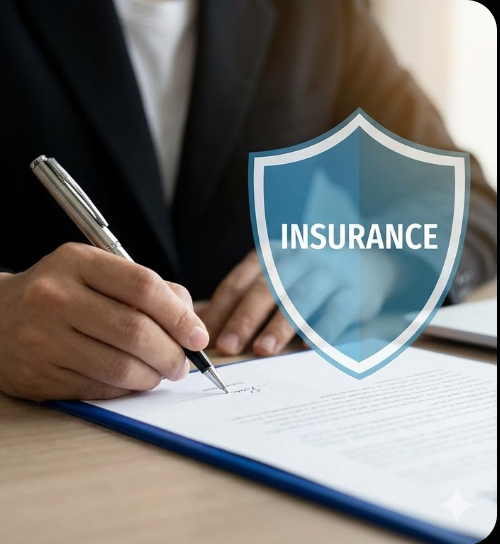 Person signing a document with an insurance shield icon overlay.