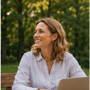 Woman sitting outdoors on a bench with a laptop, smiling, surrounded by trees.