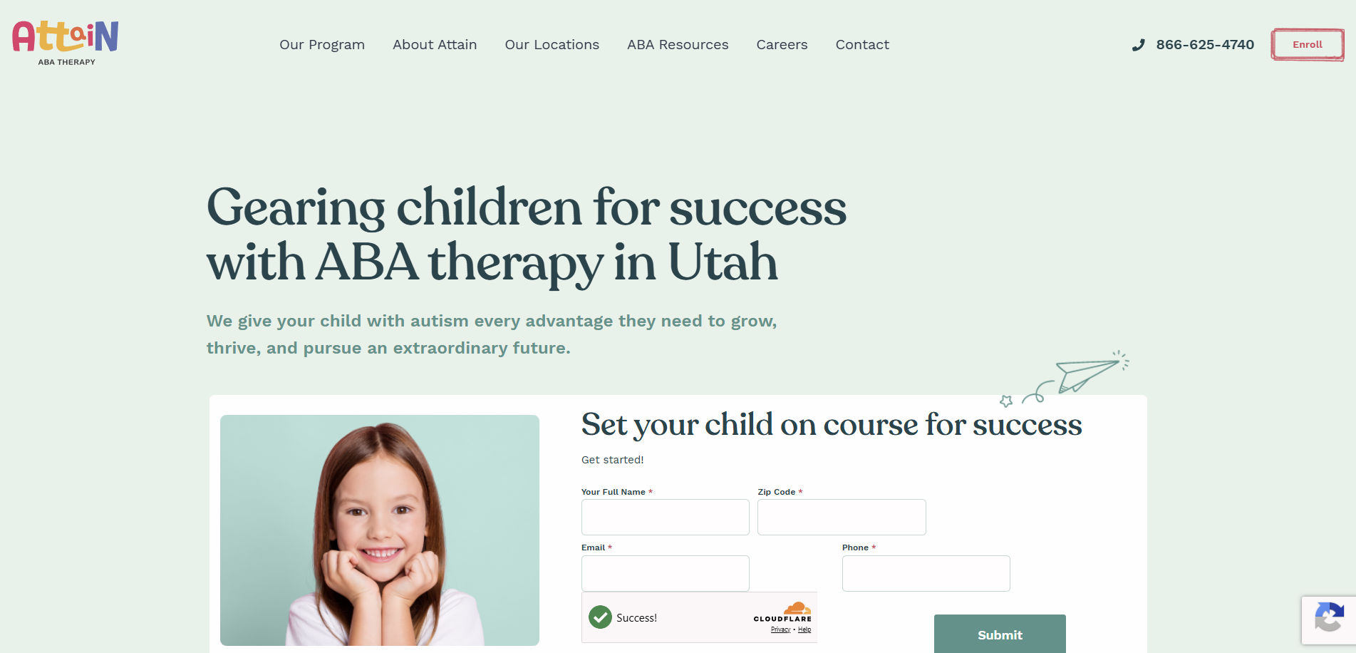 Screenshot of Attain ABA Therapy website home page with a headline about ABA therapy in Utah and a form to enroll a child.