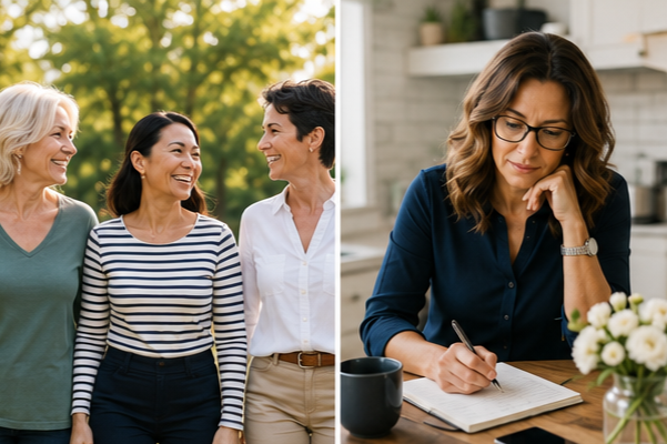 Split image showing three women smiling outdoors on the left and a woman working at a desk with a notebook and a flower arrangement on the right.