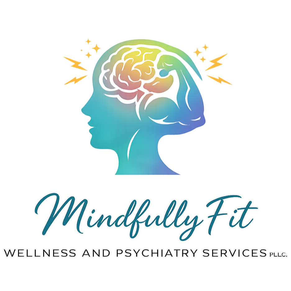 A colorful logo showing a silhouette of a woman with a brain outlined at the top of her head. The woman is flexing her arm to display strength, with lightning bolts around the head. The text reads "Mindfully Fit" in cursive and "Wellness and Psychiatry Services" in smaller block letters.
