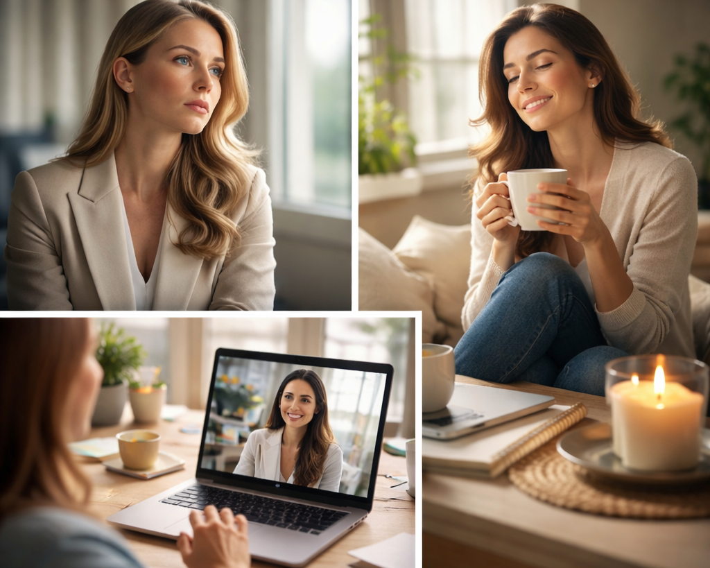 Three women are shown in a collage: one on a video call on a laptop, one smiling with a mug in her hands, and one sitting thoughtfully near a window.