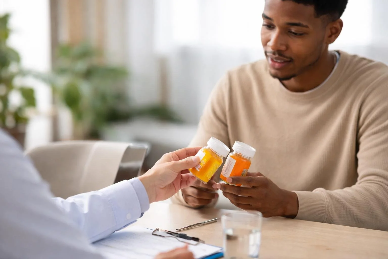 A young man is sitting at a table receiving prescription medication bottles from a healthcare professional.