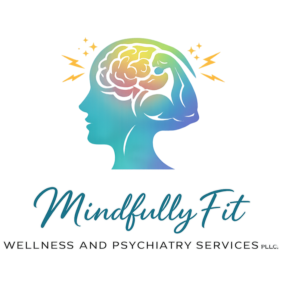 A logo featuring a side profile of a person with a brain outlined inside the head, and a flexed arm with a bicep muscle, accompanied by lightning bolts. Text reads 'Mindfully Fit Wellness and Psychiatry Services.'