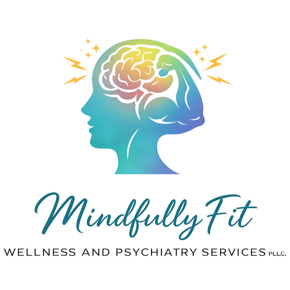 A colorful logo featuring a silhouette of a person with a brain and arm muscles, with lightning bolts surrounding the head, and the text 'Mindfully Fit Wellness and Psychiatry Services.'