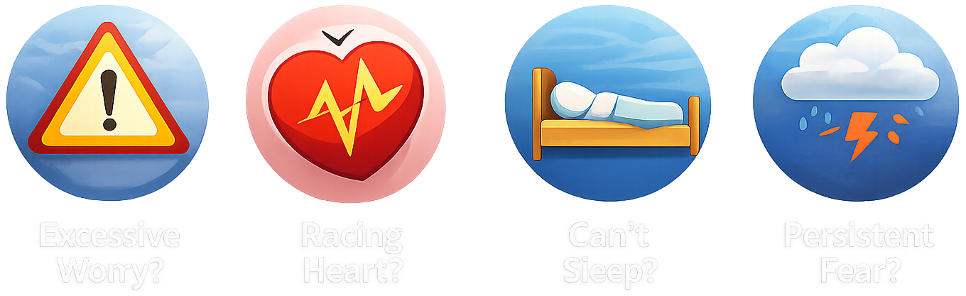 Four circular icons depicting health-related symbols: a warning sign with an exclamation mark, a heart with an ECG line, a person lying in bed, and a cloud with rain and a lightning bolt. Below the icons, the text questions whether excessive worry, racing heart, inability to sleep, and persistent fear are involved.