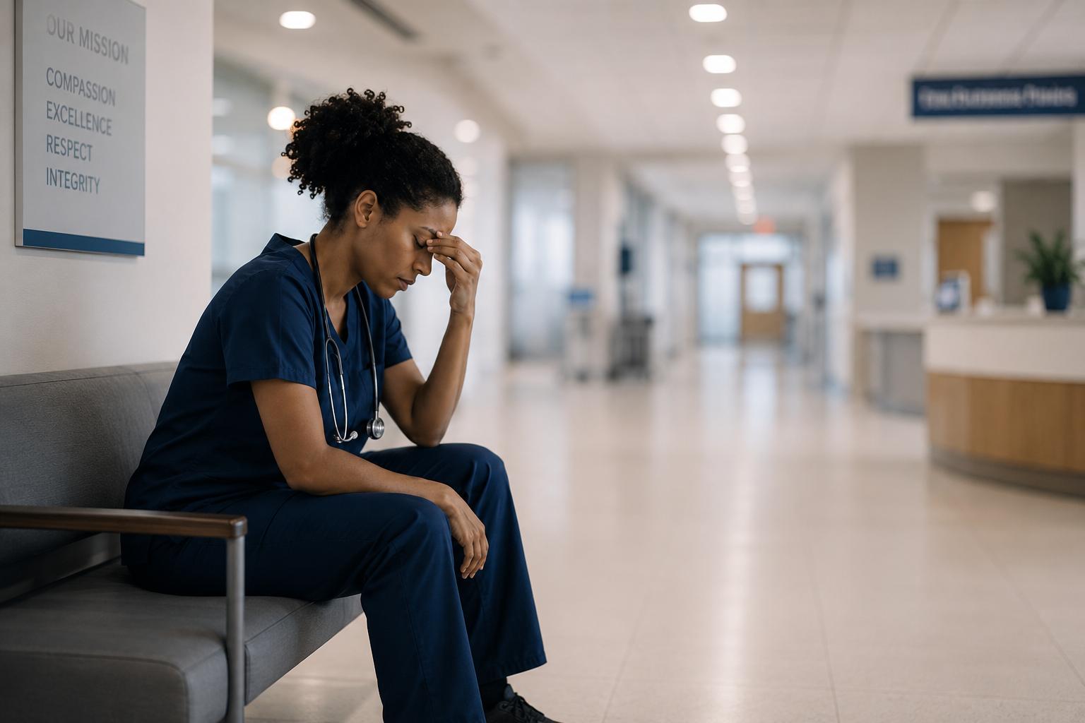 A nurse sitting on a bench in a hospital corridor, looking distressed with her hand on her forehead.