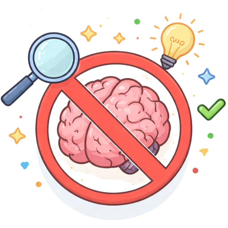 Illustration of a brain inside a red prohibition sign with a magnifying glass and a lightbulb, symbolizing no brain research or idea generation.