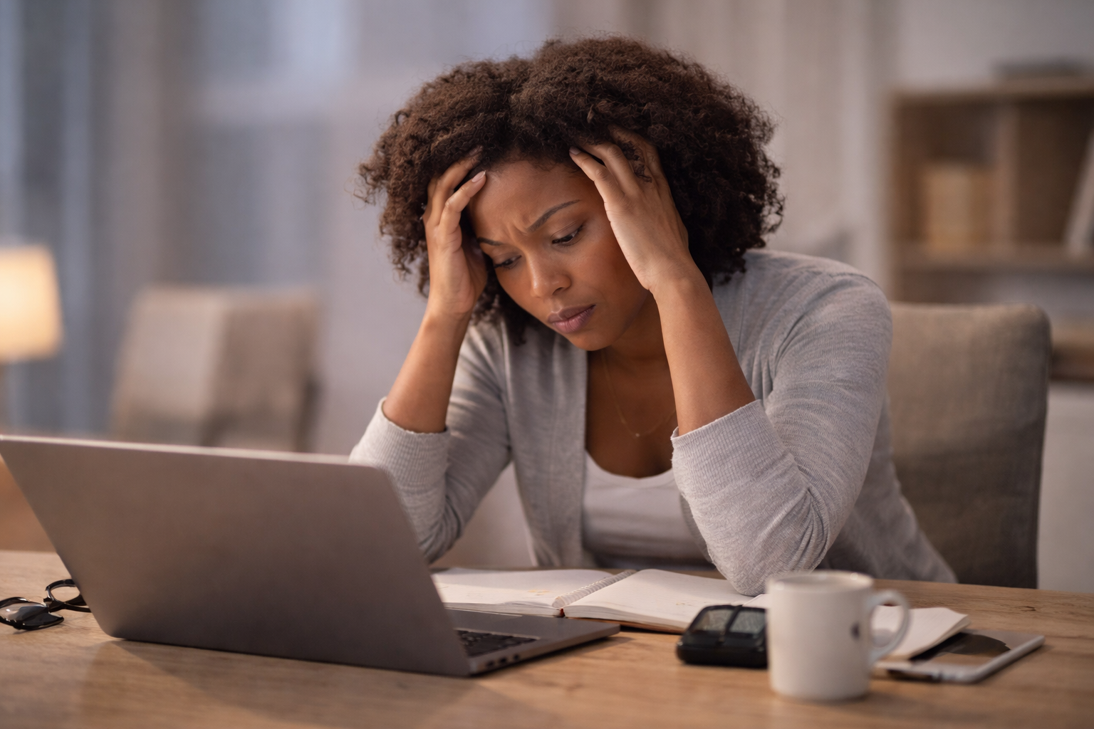 Woman sitting at a desk with her hands on her head, looking stressed, with a laptop, open notebook, coffee mug, and remote control on the table.