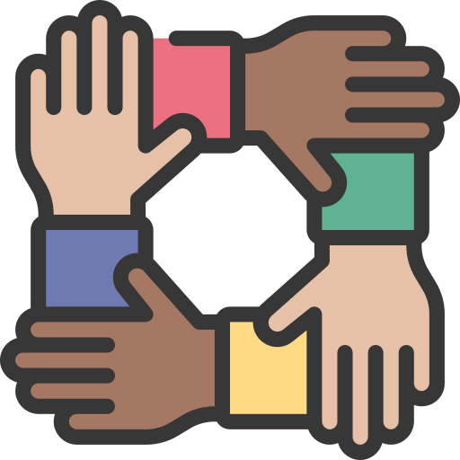 Four hands of different skin tones forming a square in a clockwise direction.