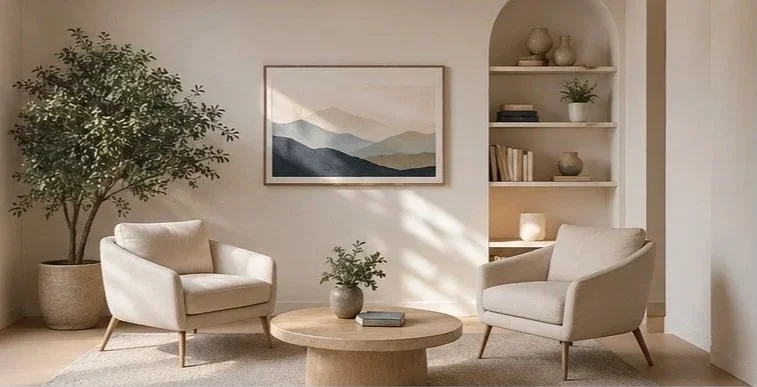 Minimalist living room with two beige armchairs, a round wooden coffee table, a large potted plant, a framed mountain artwork, and built-in shelves with decorative items, sunlight streaming in.