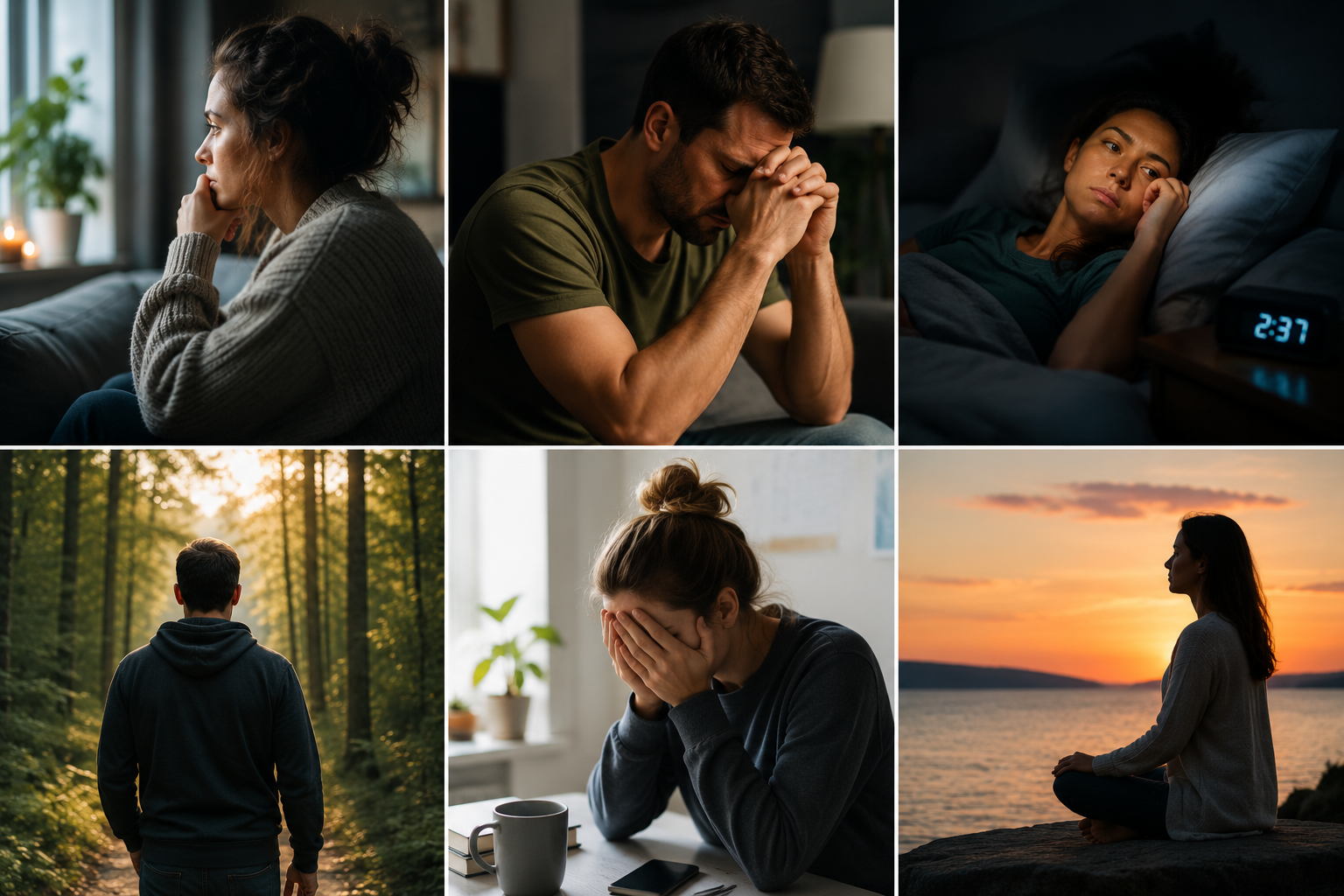 A collage of six photos showing people experiencing different emotions and activities. Top row: woman looking pensive indoors, man praying or in deep thought indoors, woman lying in bed looking worried at night. Bottom row: man walking in a forest at sunrise, woman with face in hands at a table indoors, woman meditating by a body of water at sunset.