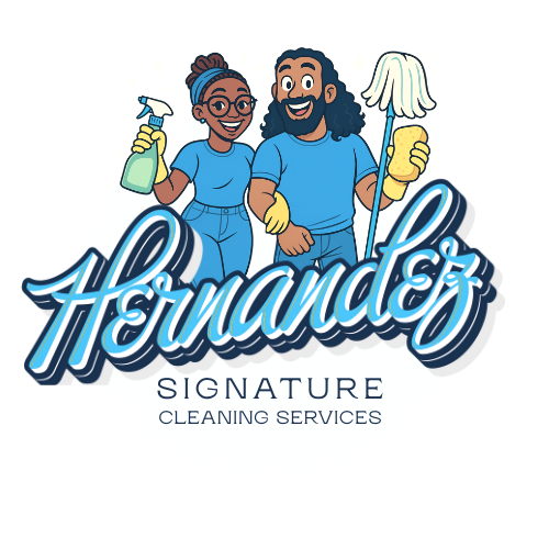 Illustration of two smiling people in cleaning uniforms holding cleaning supplies, with a city skyline background and the text 'Hernandez Signature Cleaning Services' in stylized font.