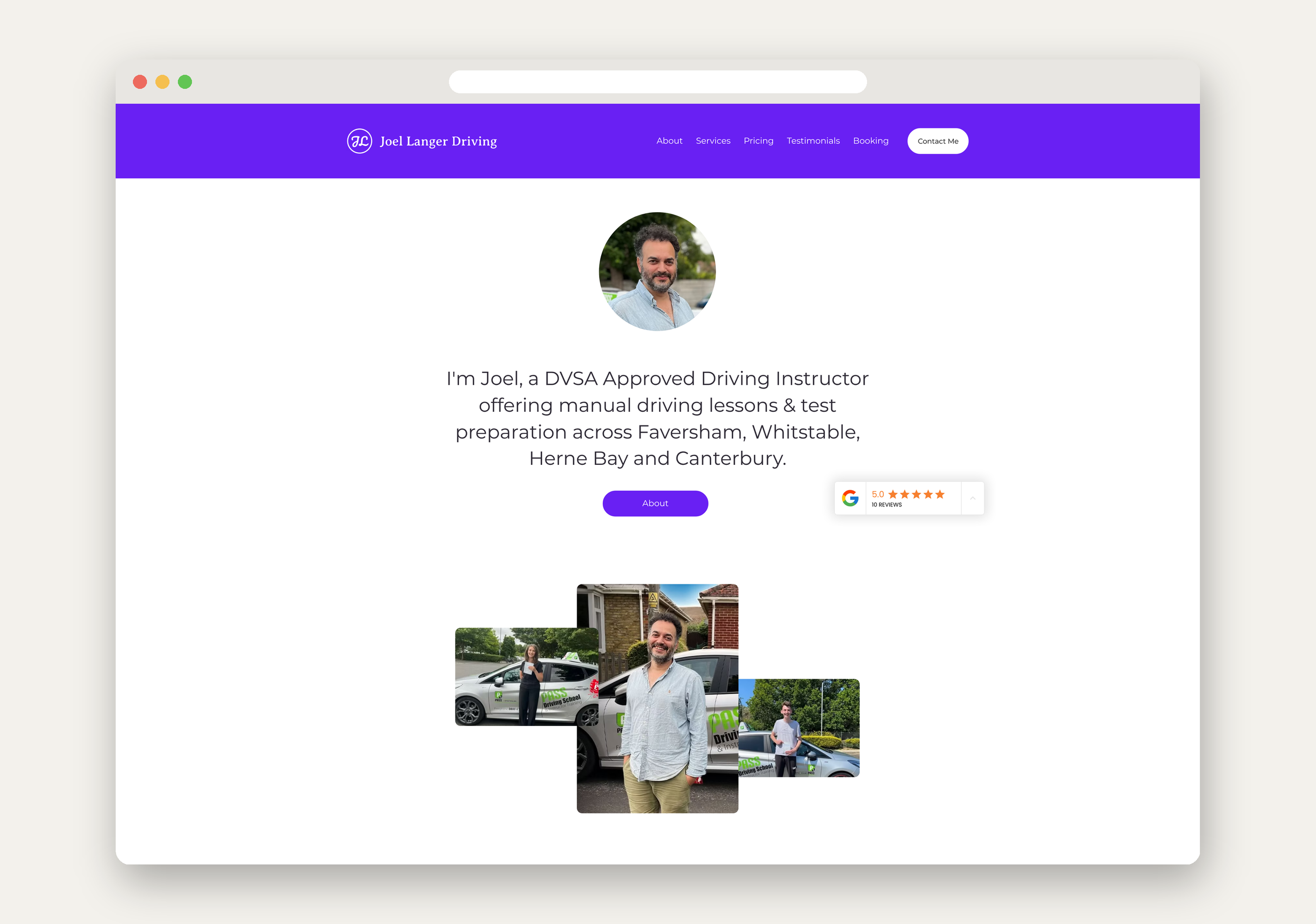 Homepage of the Joel Langer Driving website, a driving instructor in Herne Bay, designed by Wilren Studio