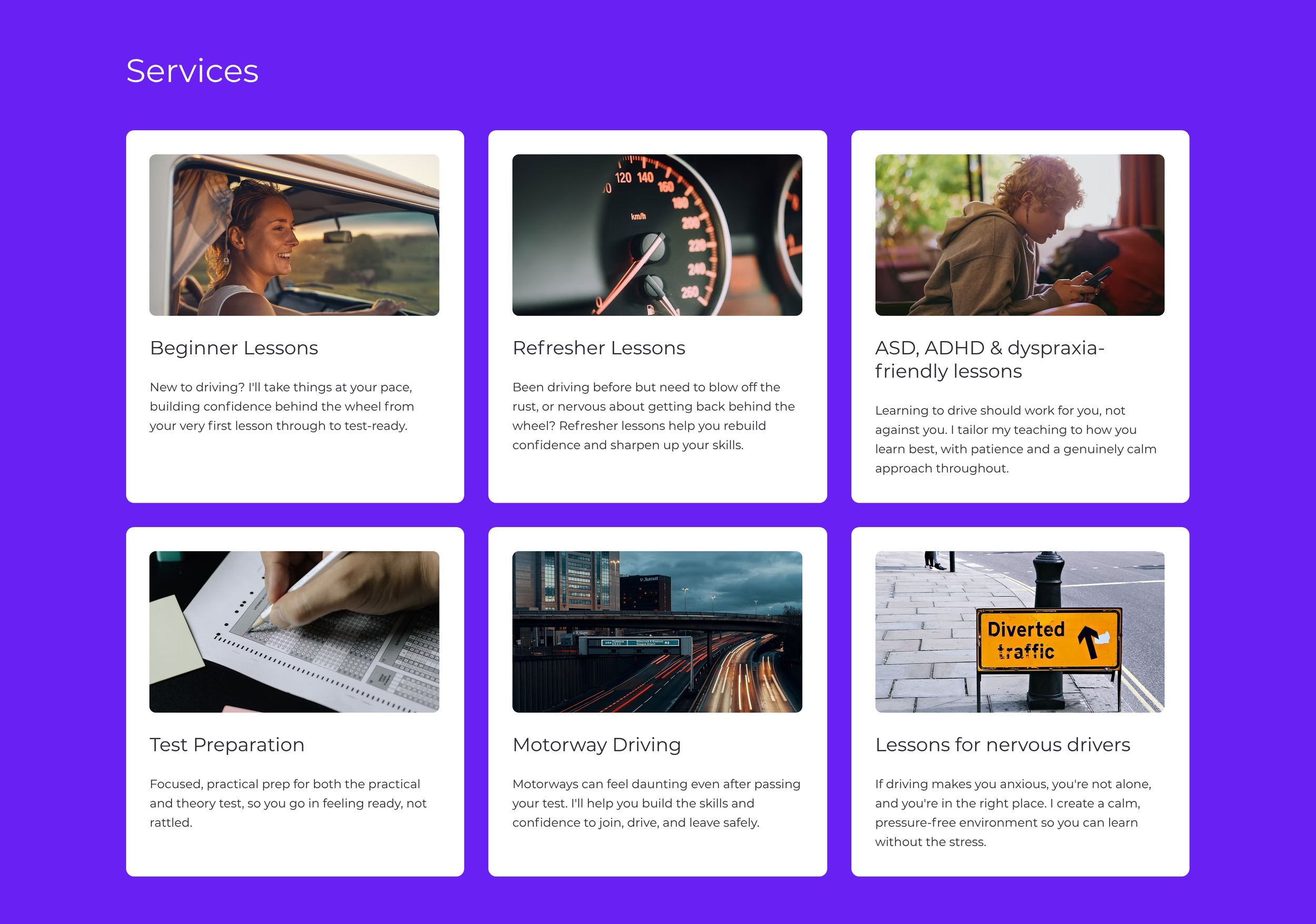 Services page of the Joel Langer Driving website, showing lesson types for beginners, nervous drivers and test preparation