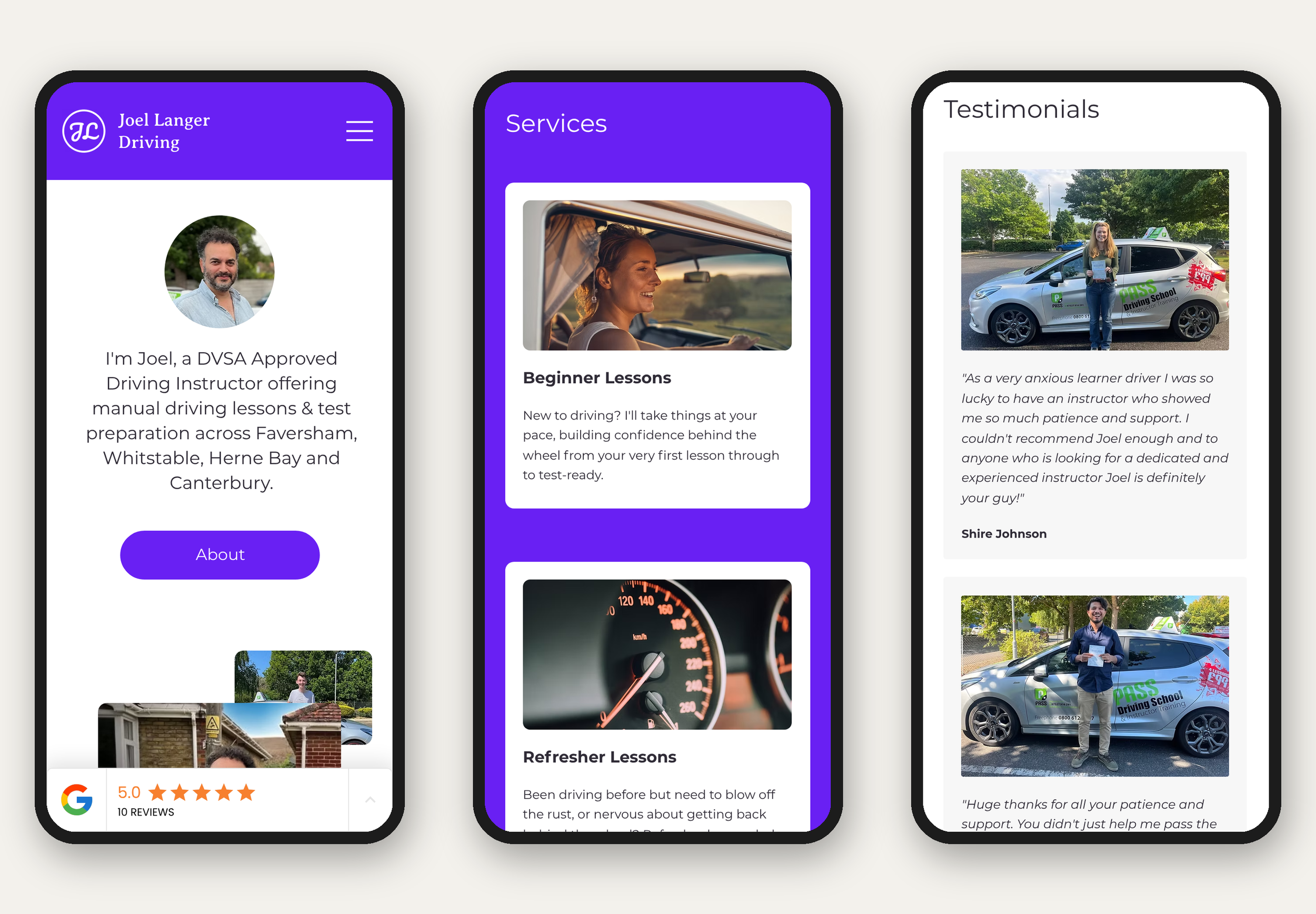 Joel Langer Driving website on mobile, designed by Wilren Studio, showing the instructor profile, lessons and reviews