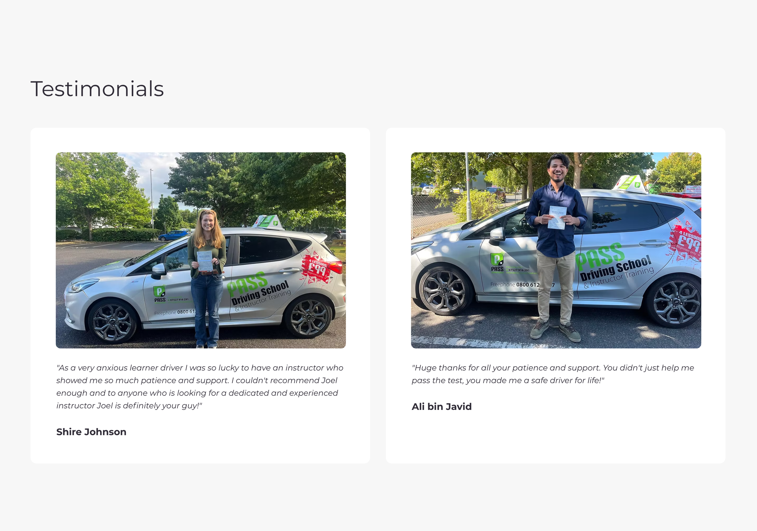 Testimonials section of the Pass Driving School website, with students who passed their test in Faversham, Whitstable and Herne Bay