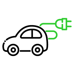 Icon of a green two pronged electrical plug coming from the back of a small vehicle representing EV Charger installation and repair services in Halifax