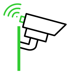 A green wifi signal coming from a security camera attached to an exterior house wall icon representing home security installation services.