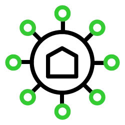 A home icon with a circle around it and 8 smaller circles attached to the larger circle representing a digital home network.