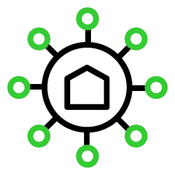A home icon with a circle around it and 8 smaller circles attached to the larger circle representing a digital home network.