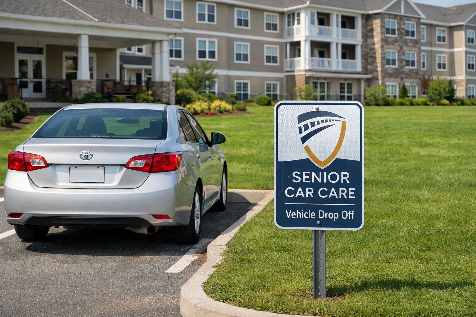 A silver sedan parked in front of a retirement community next to a sign that says Senior Car Care Vehicle Drop Off