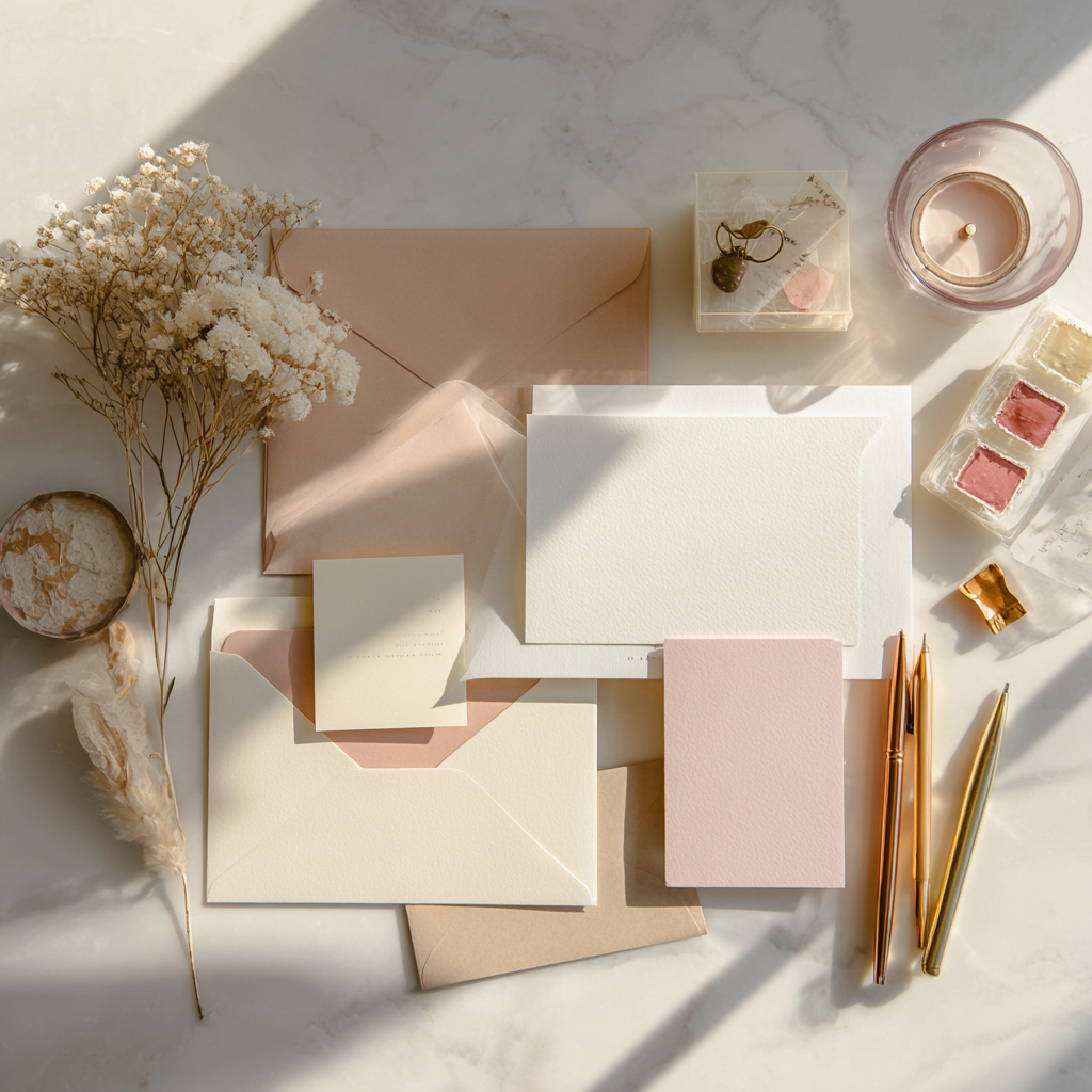 Soft feminine flat lay of stationery items including cards, envelopes, pens, and paper details in blush, cream, and neutral tones.