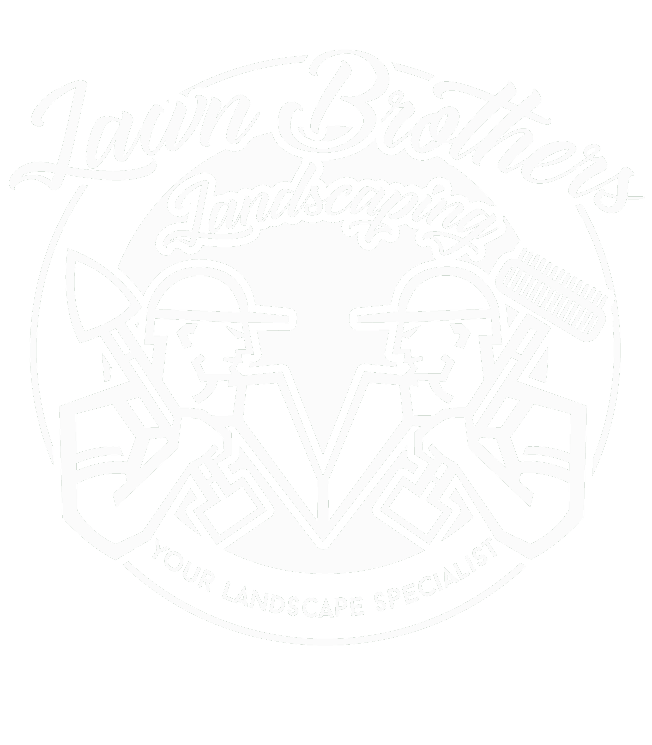 Logo for Lawn Brothers Landscaping featuring two men with shovels and rakes, and the text "Lawn Brothers Landscaping" and "Your Landscape Specialist."
