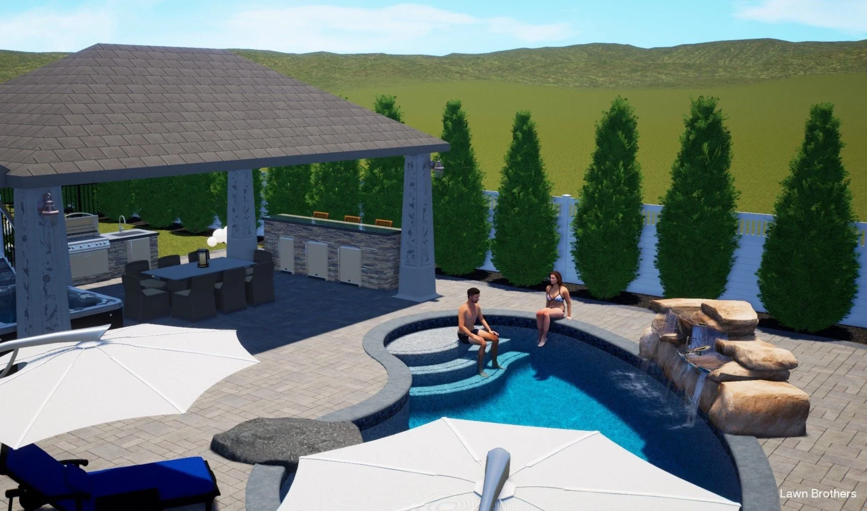 A 3D renderings of a Long Island property with an inground pool, pool waterfall, overhang area with an outdoor kitchen, an outdoor bar area, eating area, and a hot tub area.