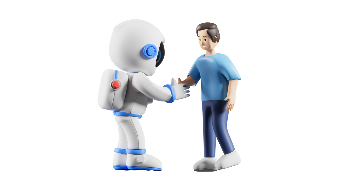 A cartoon-style robot shakes hands with a young man wearing a blue shirt and dark pants.
