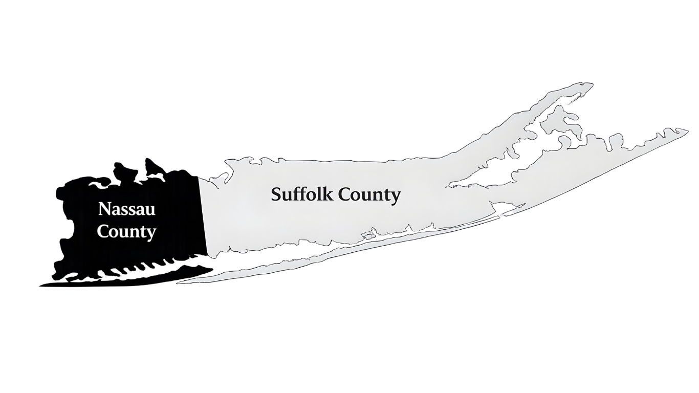 Map highlighting Nassau County and Suffolk County in New York