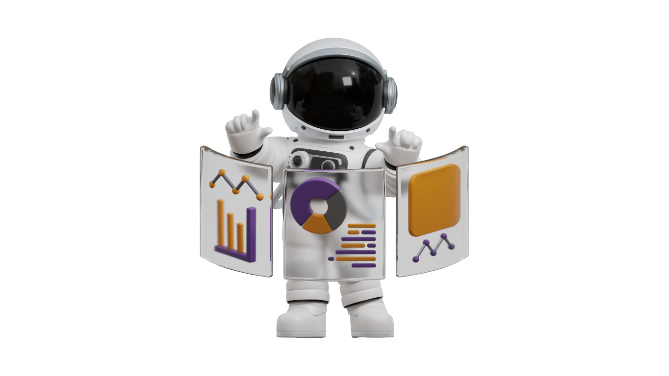 A robot dressed as a presenter holding three display boards with charts and graphs