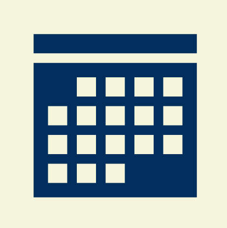 Calendar icon with a dark blue grid and header on a light beige background.