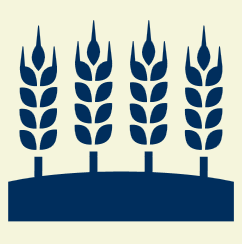 Four stylized blue wheat stalks on a blue hill with a beige background.