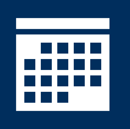 Icon of a calendar with a dark blue background, featuring a grid of days and a blank header