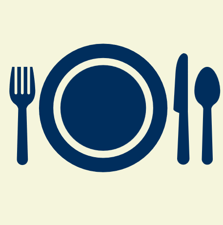 Icon of a plate, fork, and spoon on a light background.