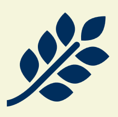A dark blue graphic of a branch with leaves on a light background.