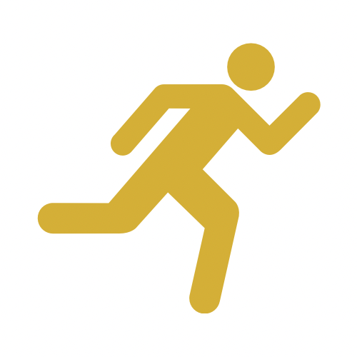 Gold running person icon with motion lines.