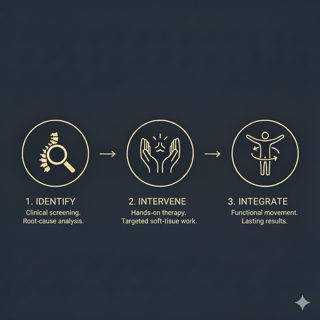 A three-step process for treatment: 1. Identify with a magnifying glass icon indicating clinical screening and root-cause analysis. 2. Intervene with hands-on therapy and targeted soft-tissue work, represented by an icon of two hands. 3. Integrate with a person standing with arms outstretched and circular arrows indicating functional movement and lasting results.