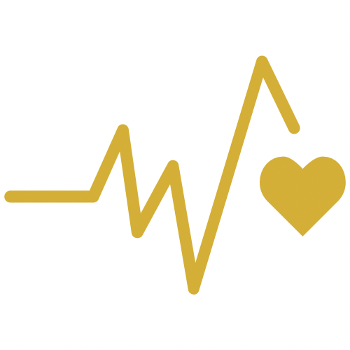 A gold-colored electrocardiogram line with a heart symbol on the right.