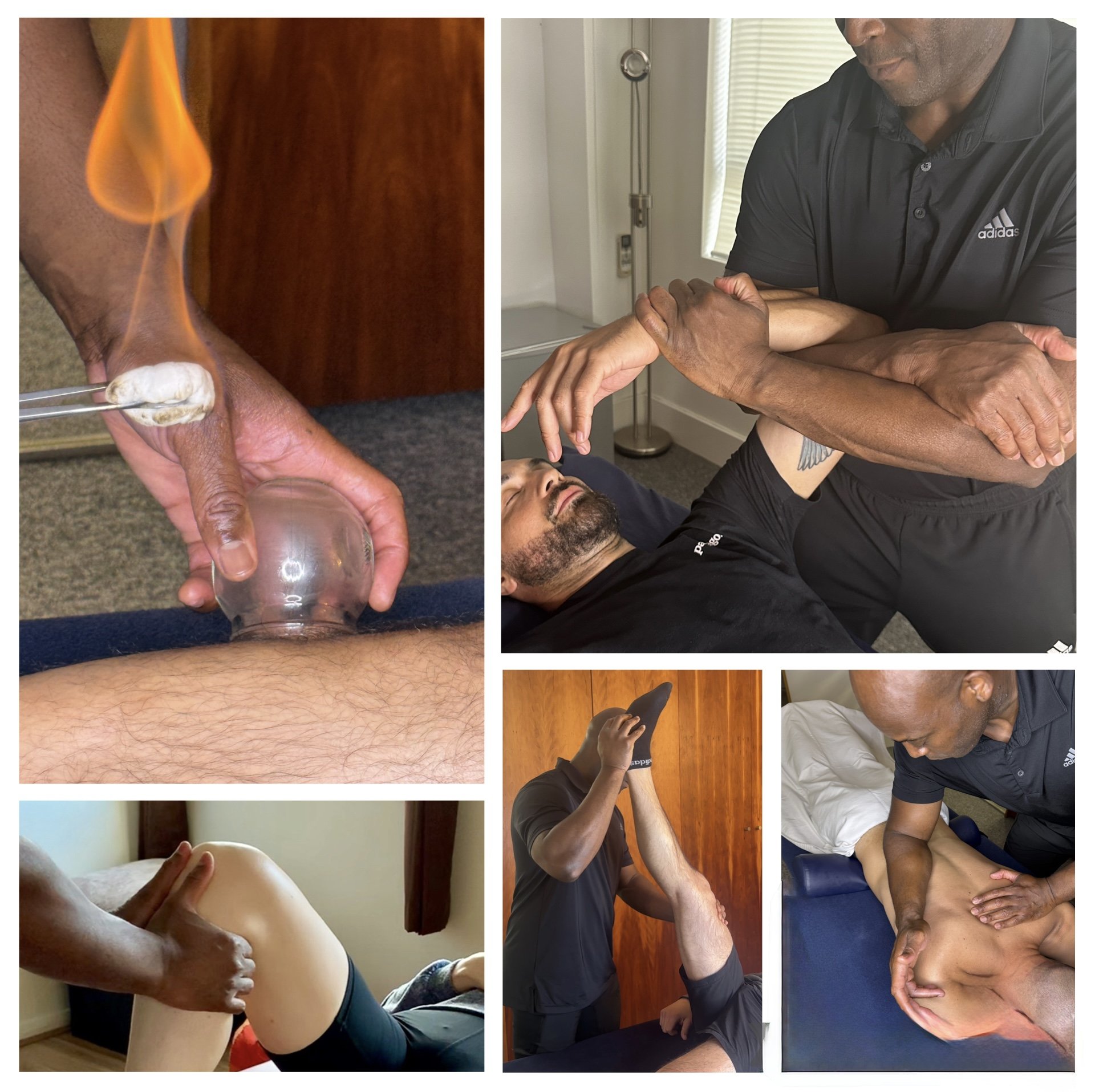 A collage of five images showing chiropractic and physical therapy treatments. Top left: A practitioner using a cupping glass on a patient's thigh. Top right: A chiropractor adjusting a patient's arm. Bottom left: A massage therapist working on a patient's shoulder. Bottom middle: A man stretching senior man's leg on a bed. Bottom right: A chiropractor performing a back manipulation on a patient lying face down.