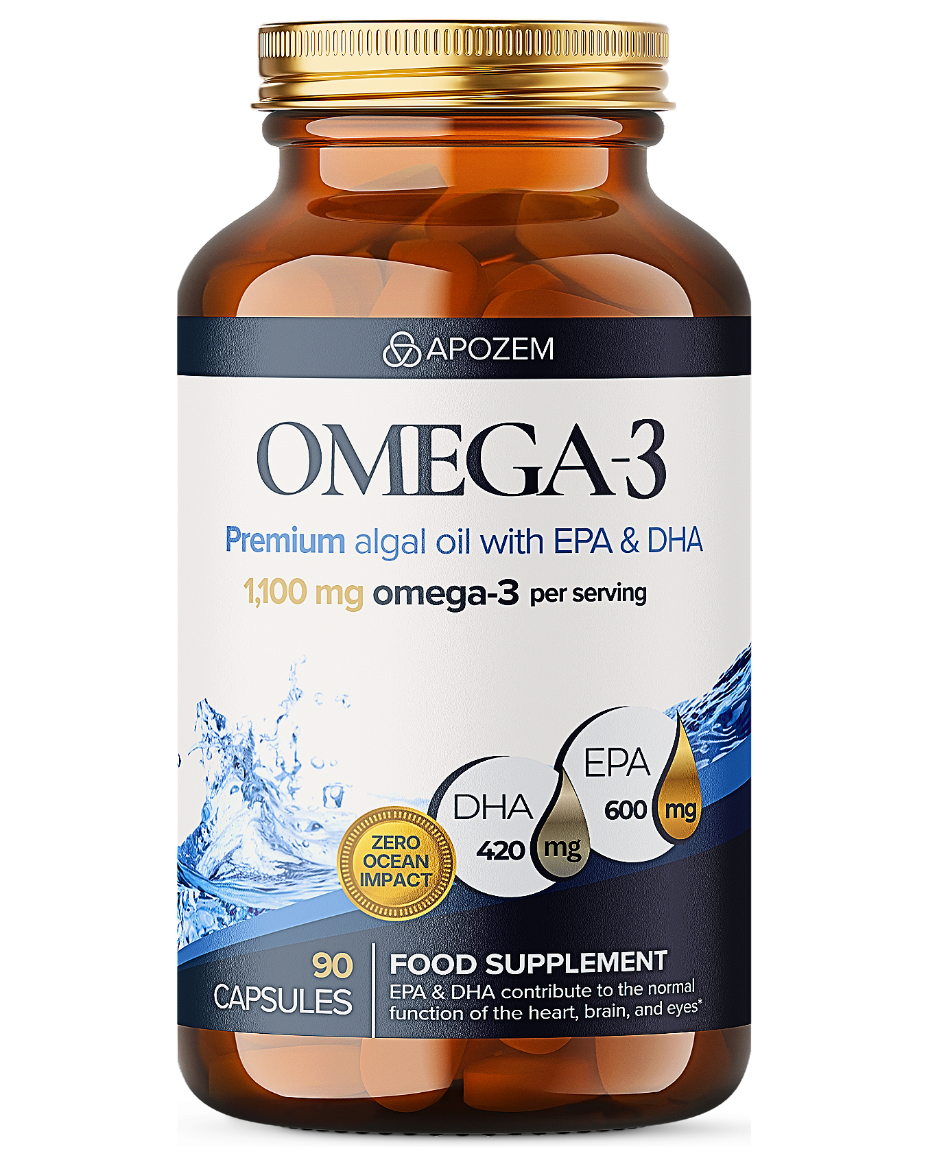 Bottle of Apozem Omega-3 dietary supplement with capsules, labeled with 1,100 mg omega-3 per serving, including DHA and EPA, in a dark amber container with a gold cap.
